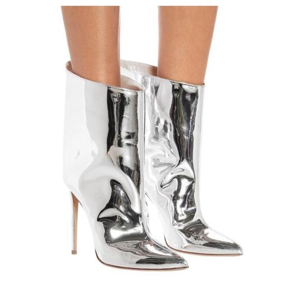 Alexandre Vauthier Pointed-Toe Silver Tone 105mm Ankle Boots - Picture 1 of 13